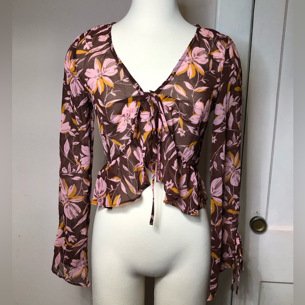 Wayf Flutter Sleeve Ruffled Blouse in Pink and Brown